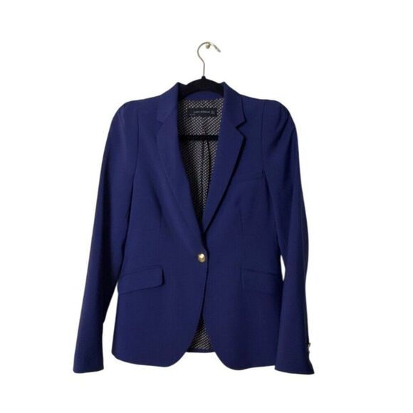 Zara Woman Blue Blazer With Gold Button & Star Print Lining Long Sleeves Rear Ve - Picture 6 of 8